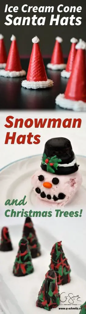I just completed these super easy custom ice cream cone Santa hats (and snowman hats, and Christmas trees!) and thought I should share how I made them!
