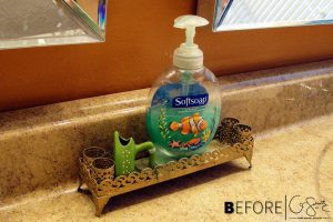 I couldn’t find a fancy soap dispenser to fit in the space I needed, so I made my own DIY custom soap dispenser using a cheap plastic bottle and paint