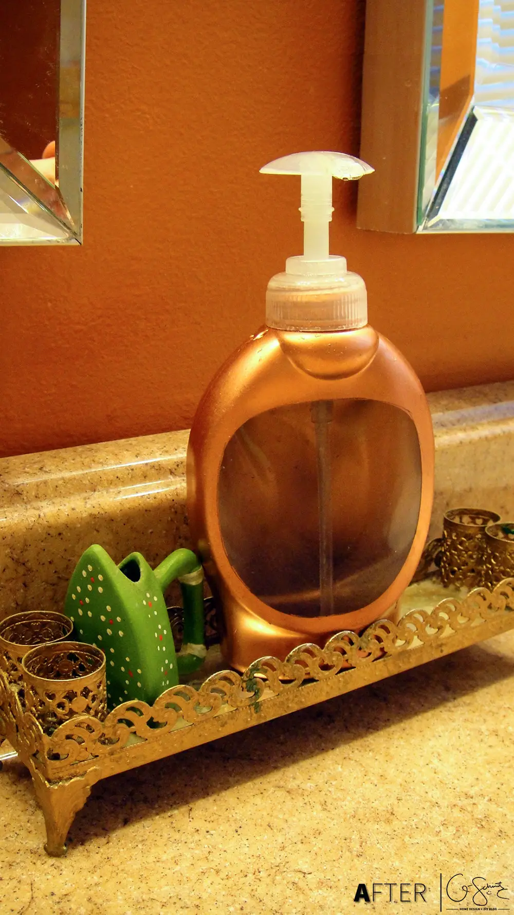 I couldn’t find a fancy soap dispenser to fit in the space I needed, so I made my own DIY custom soap dispenser using a cheap plastic bottle and paint 