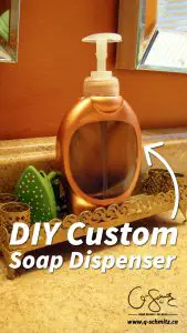 I couldn’t find a fancy soap dispenser to fit in the space I needed, so I made my own DIY custom soap dispenser using a cheap plastic bottle and paint