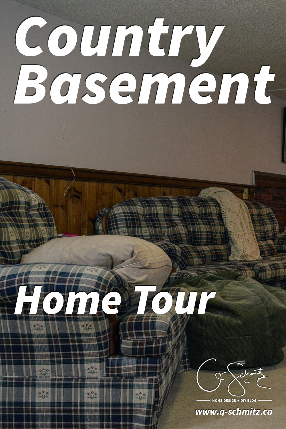 My basement is definitely "country". Think plaid and dark wood paneling, and that pretty much describes this space. You know what style I am not? Country! But, let's look at pictures of the basement anyways, along with my lovely little comments of issues I would change...