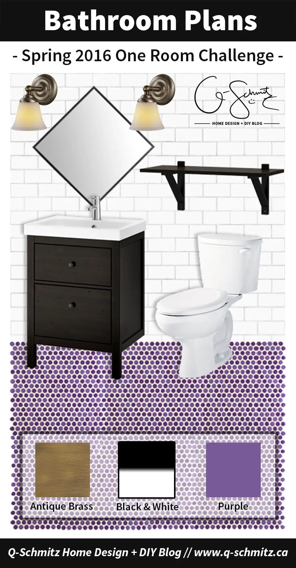 Our basement half bathroom plans involve black, white, purple and antique brass- and should be a great project for the 2016 Spring One Room Challenge (ORC)!
