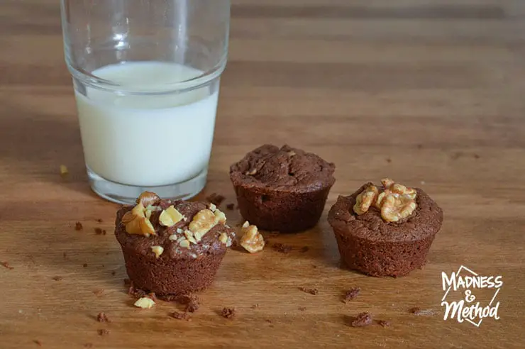 mini brownie bites with glass of milk