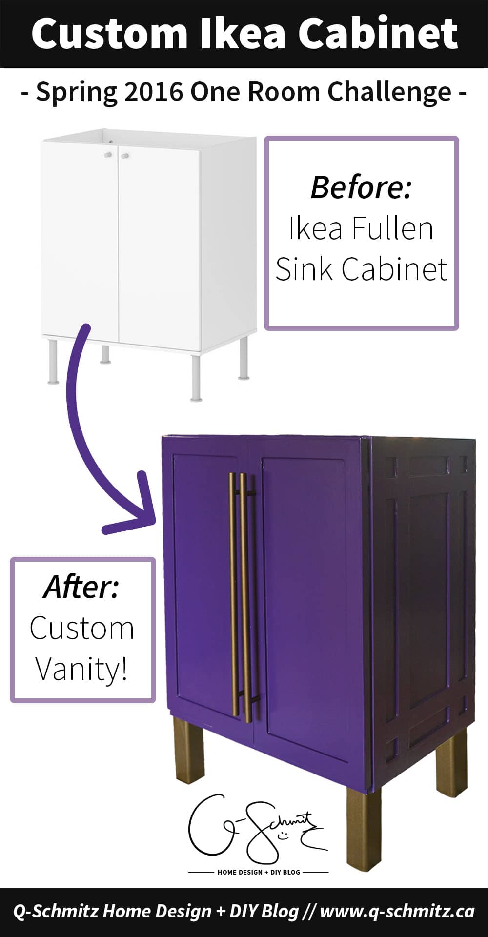 For our basement half-bathroom addition, I created a custom Ikea vanity using the Ikea Fullen sink cabinet. And it's bright purple!