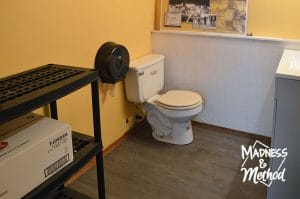 The Husband and I updated the four main rooms in his shop's office last spring and today is all about the washroom makeover.