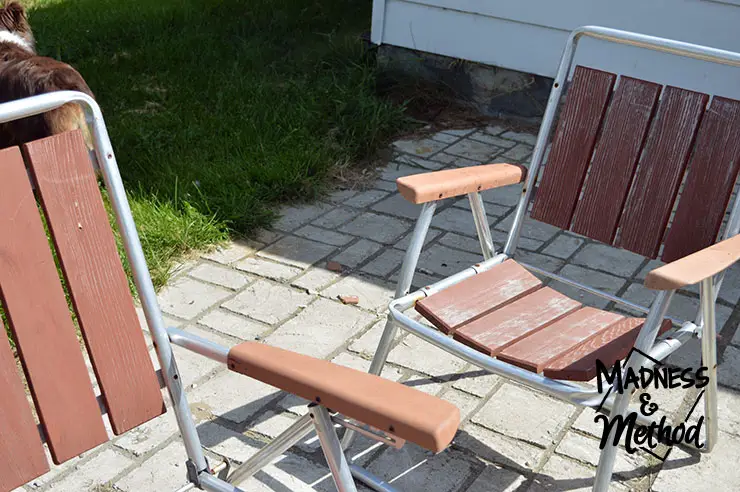 Antique patio furniture with worn wood