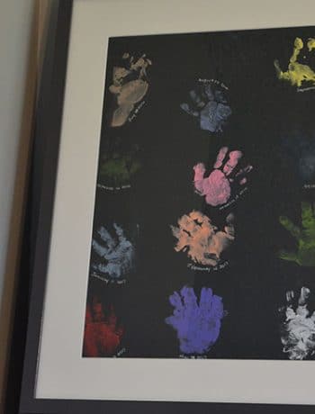 Baby handprint art on a shelf