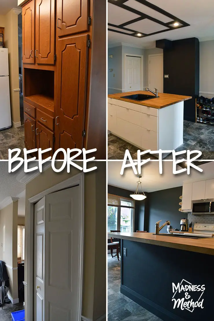 white and black budget kitchen reveal before after