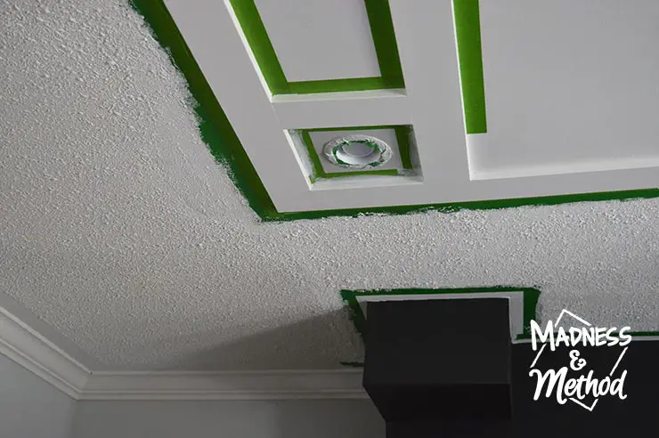 patching popcorn ceiling around faux coffered ceiling