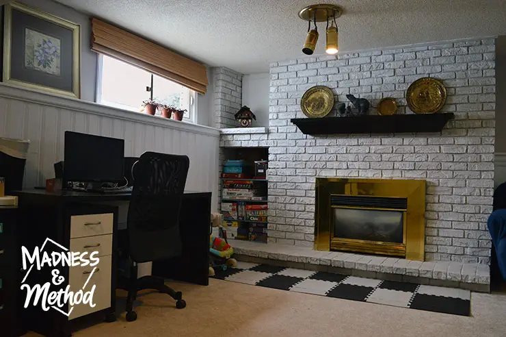 fireplace in basement family room