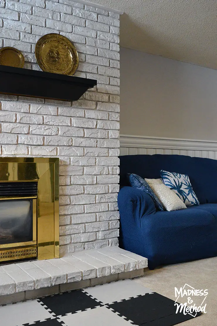 gray white and blue basement family room