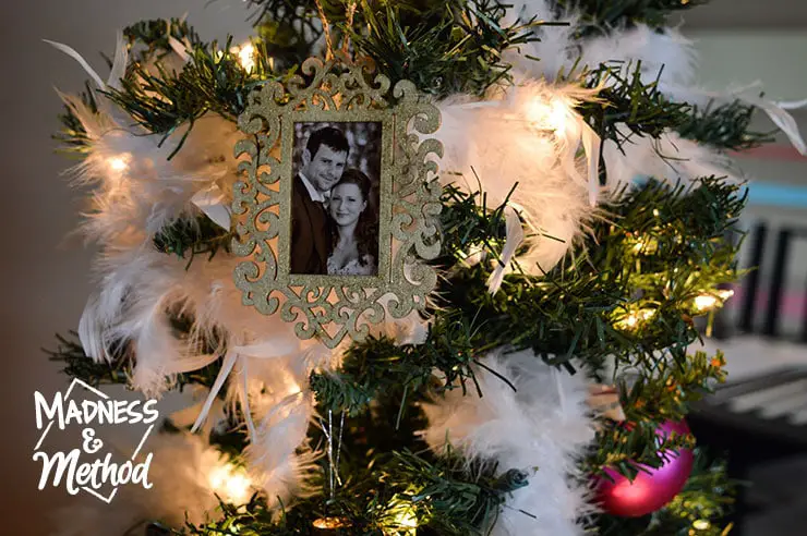 wedding photo on christmas tree