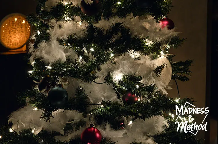 close-up of jewel-toned christmas tree at night