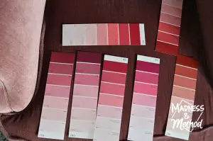 pink colour swatches on chair