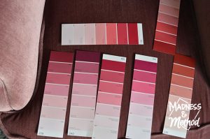 pink colour swatches on chair