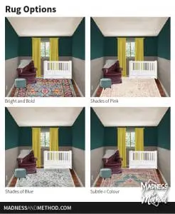 deep teal nursery layout with rug choices