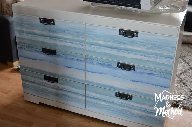 easy dresser makeover using removable wallpaper