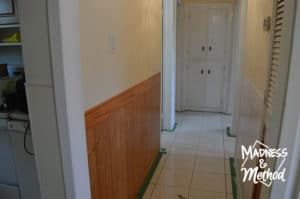 wood beadboard panelling in hallway