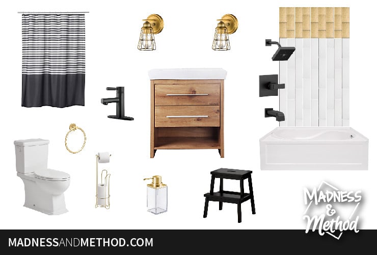 glam black and gold bathroom moodboard