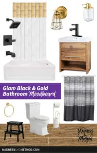 glam black and gold bathroom moodboard graphic