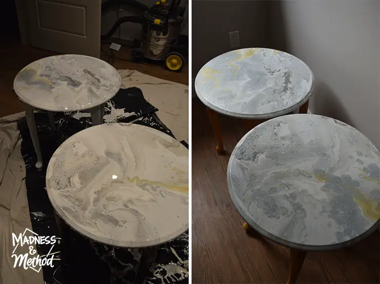 comparing paint pour before and after