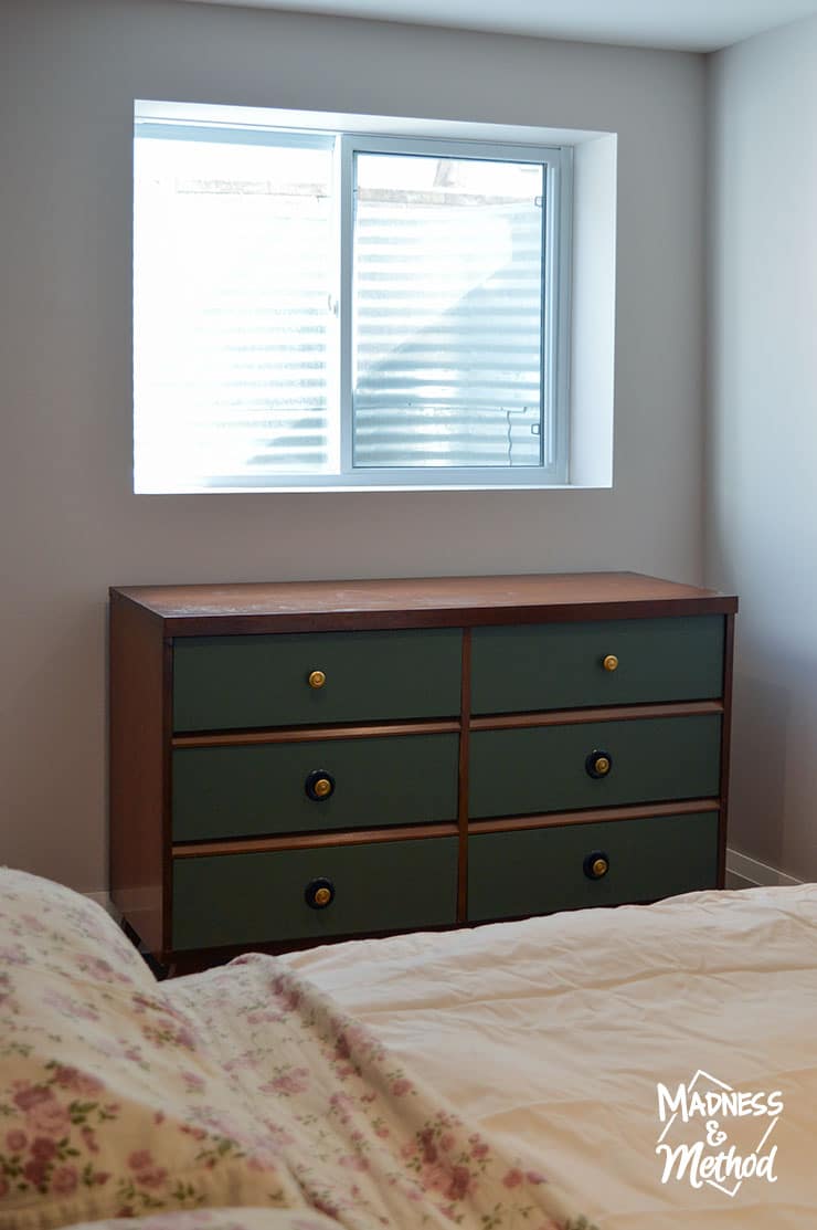 painted dresser in basement bedroom