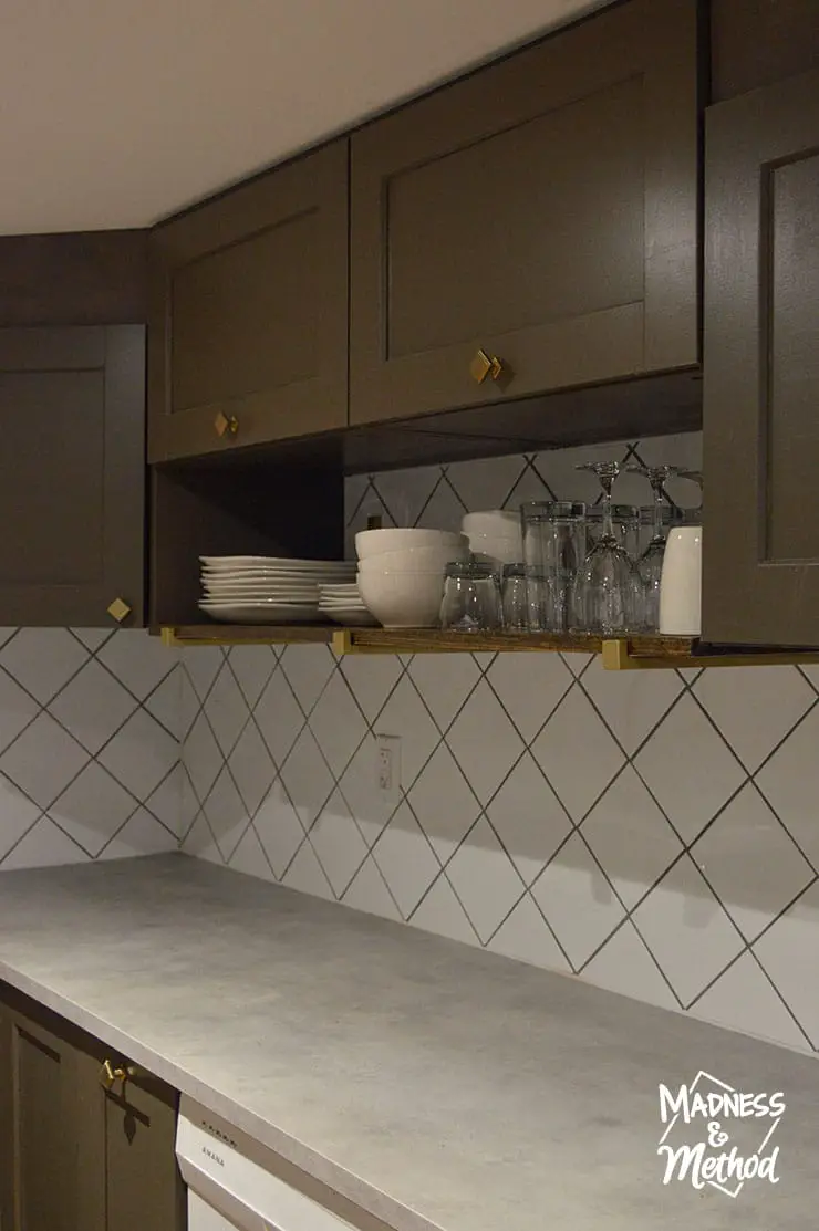 basement kitchen shelf reveal