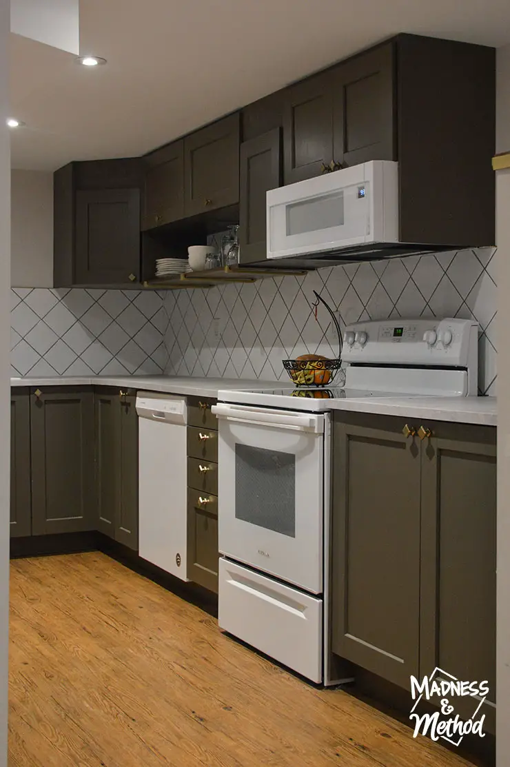 dark cabinets with white appliances