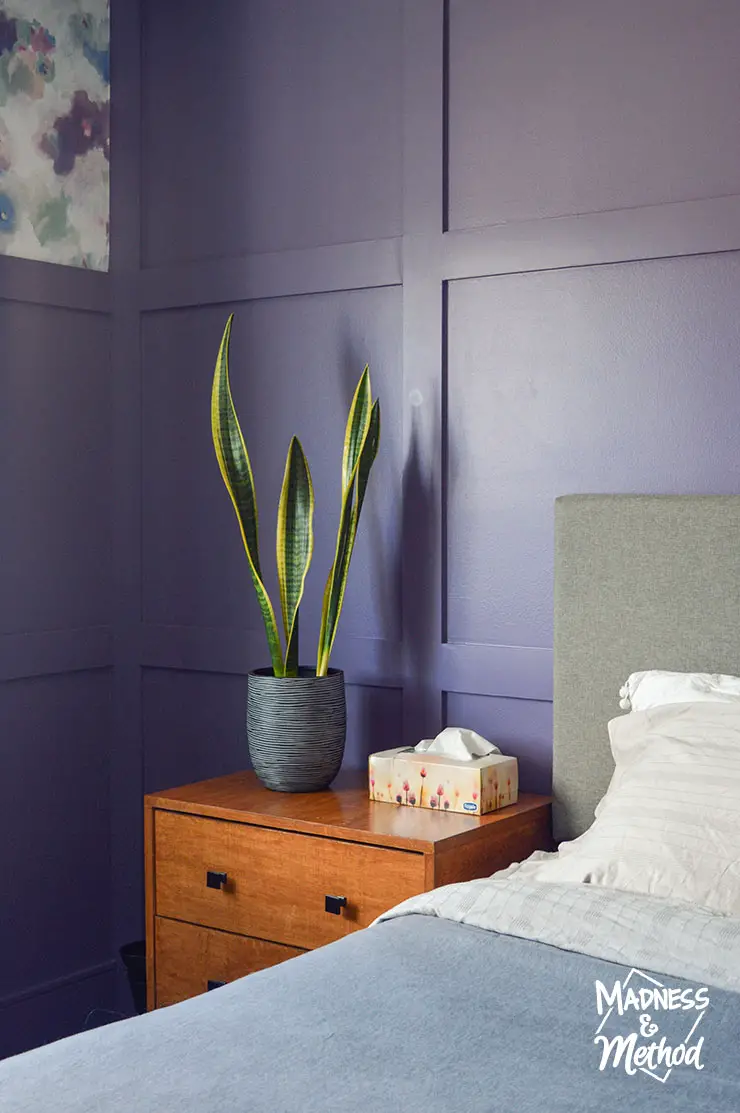 purple walls behind bed