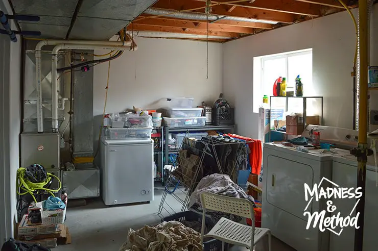 messy basement laundry room