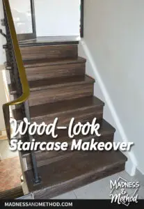 wood look staircase makeover graphic