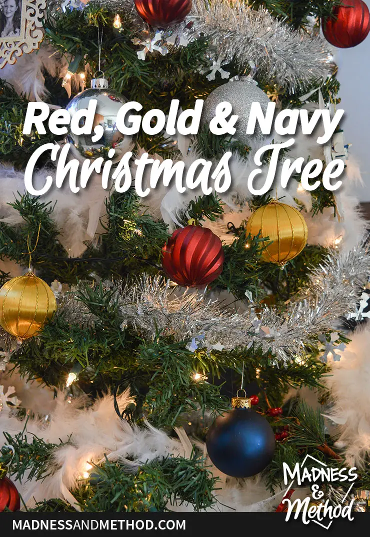 red gold and navy christmas tree setup