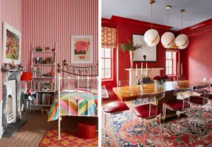 red wallpaper in bedroom and dining room