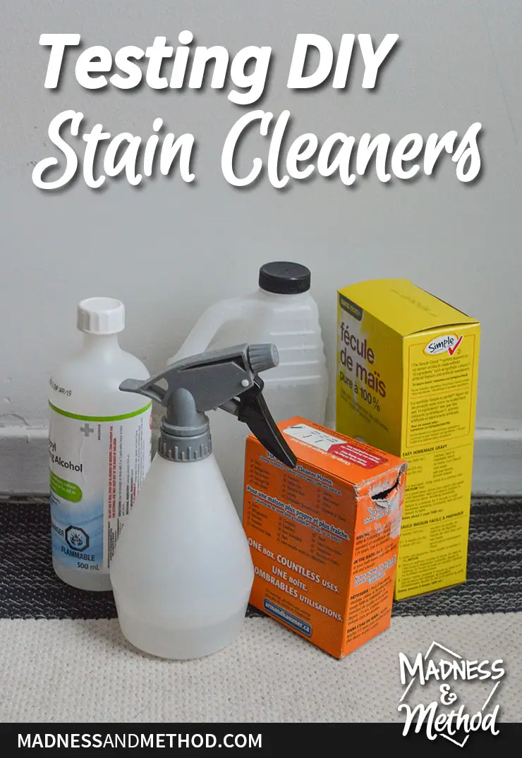 cleaning products and boxes with testing DIY stain cleaners overlay