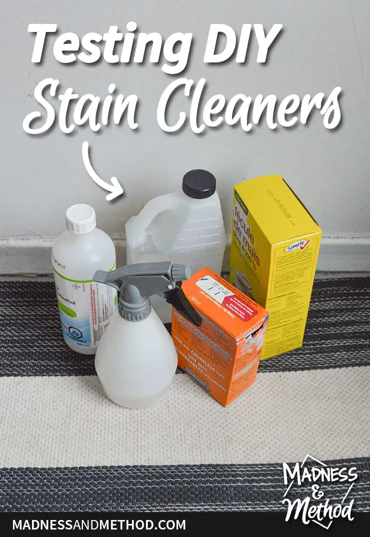 bottles and boxes of cleaning products on rug with text overlay testing diy stain cleaners