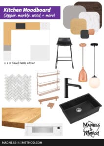 marble copper wood kitchen moodboard