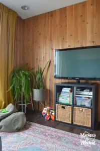 wood paneled wall behind tv