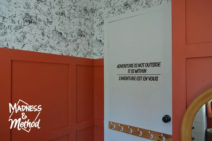 white door red wainscoting