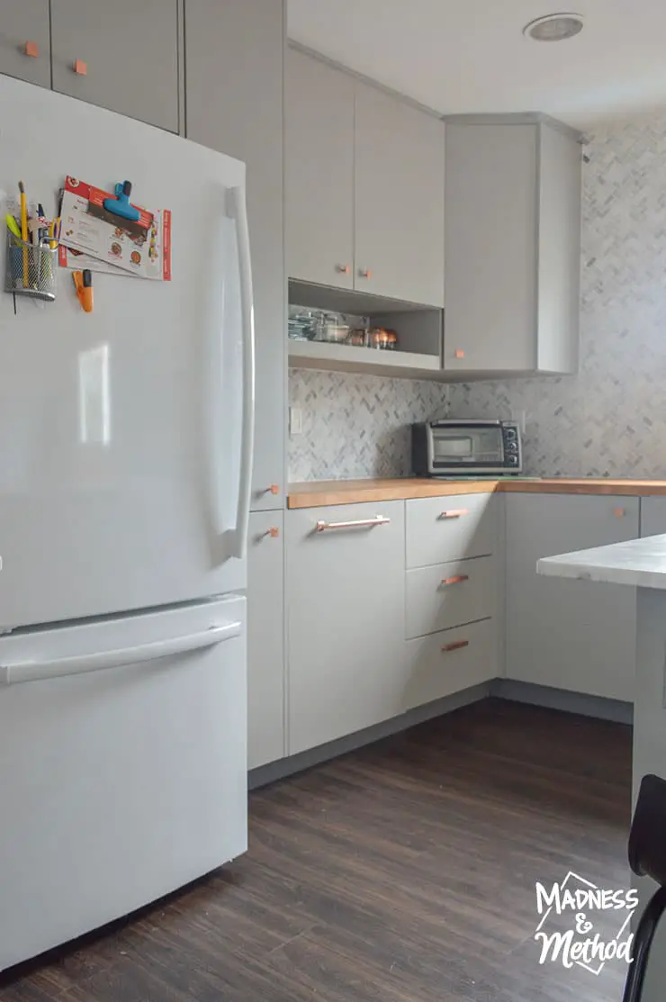 white appliance gray kitchen