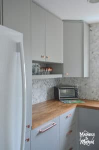 wood counters marble backsplash