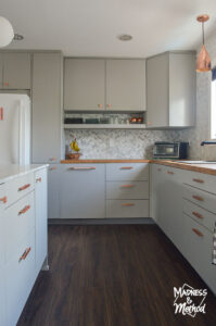 gray kitchen dark floors