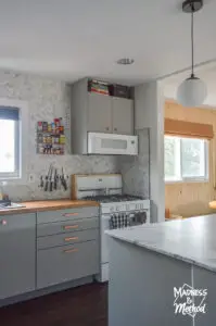 gray kitchen white appliances