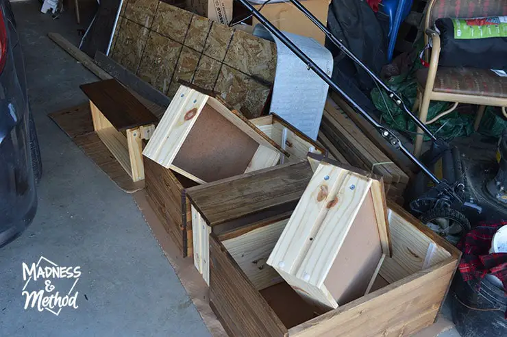 stained dresser in garage