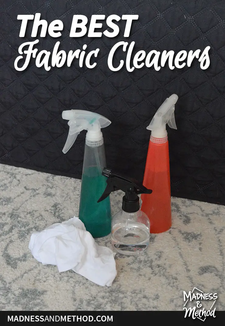 best fabric cleaners text over image of three spray bottles and rag