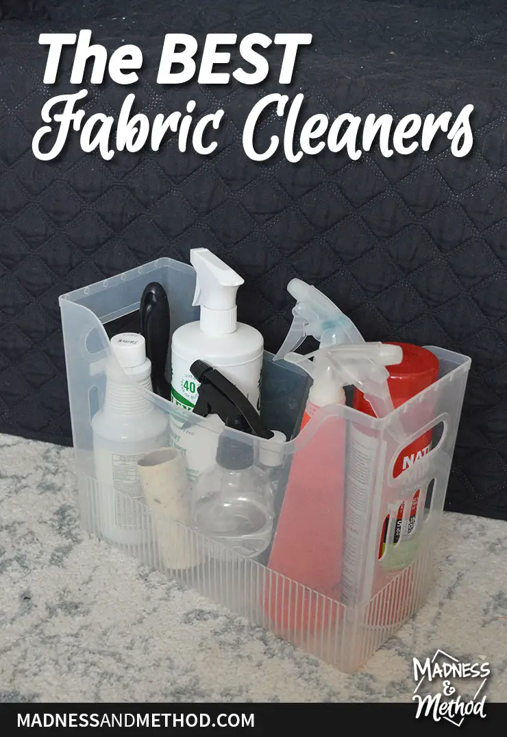 best fabric cleaners text overlay on bin of cleaning products