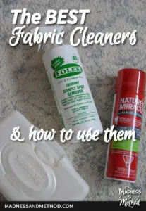 best fabric cleaners and how to use them text overlay on bottles of cleaners