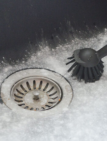 black kitchen sink with black scrubber and white powder