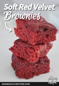 stack of three red brownies with soft red velvet brownies text overlay