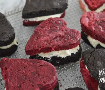 heart shaped red velvet and chocolate brownie sandwiches