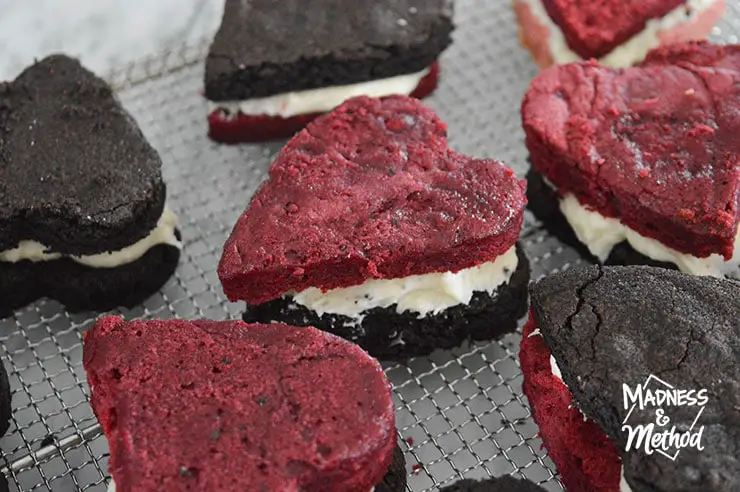 heart shaped red velvet and chocolate brownie sandwiches